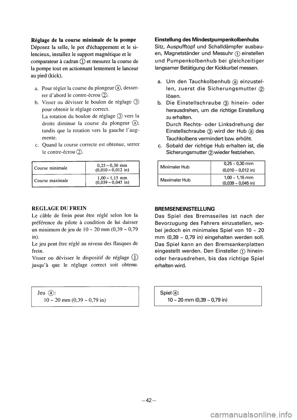 YAMAHA PW50 2006  Notices Demploi (in French) Einstellung des Mindestpumpenkolbenhubs
Sitz, Auspufftopf und Schalldämpfer ausbau-
en, Magnetständer und Messuhr 
1einstellen
und Pumpenkolbenhub bei gleichzeitiger
langsamer Betätigung der Kickku