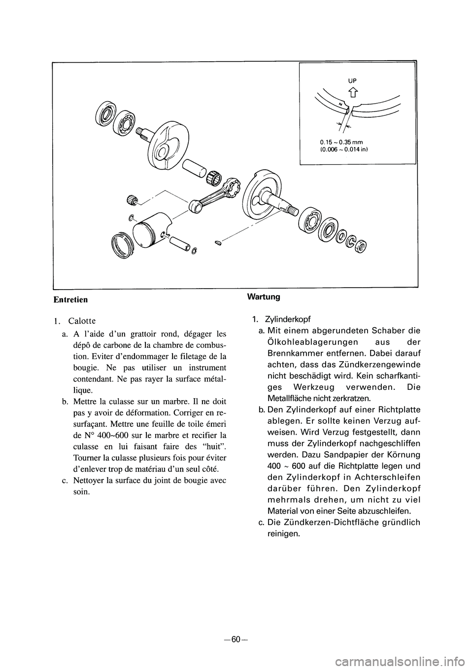 YAMAHA PW50 2006 Manual Online Wartung
1. Zylinderkopf
a. Mit einem abgerundeten Schaber die
Ölkohleablagerungen aus der
Brennkammer entfernen. Dabei darauf
achten, dass das Zündkerzengewinde
nicht beschädigt wird. Kein scharfka