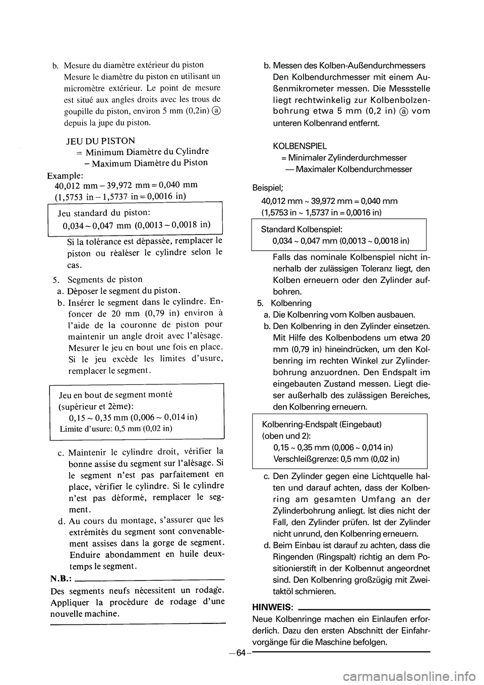 YAMAHA PW50 2006  Notices Demploi (in French) b. Messen des Kolben-Außendurchmessers
Den Kolbendurchmesser mit einem Au-
ßenmikrometer messen. Die Messstelle
liegt rechtwinkelig zur Kolbenbolzen-
bohrung etwa 5 mm (0,2 in) 
avom
unteren Kolbenr