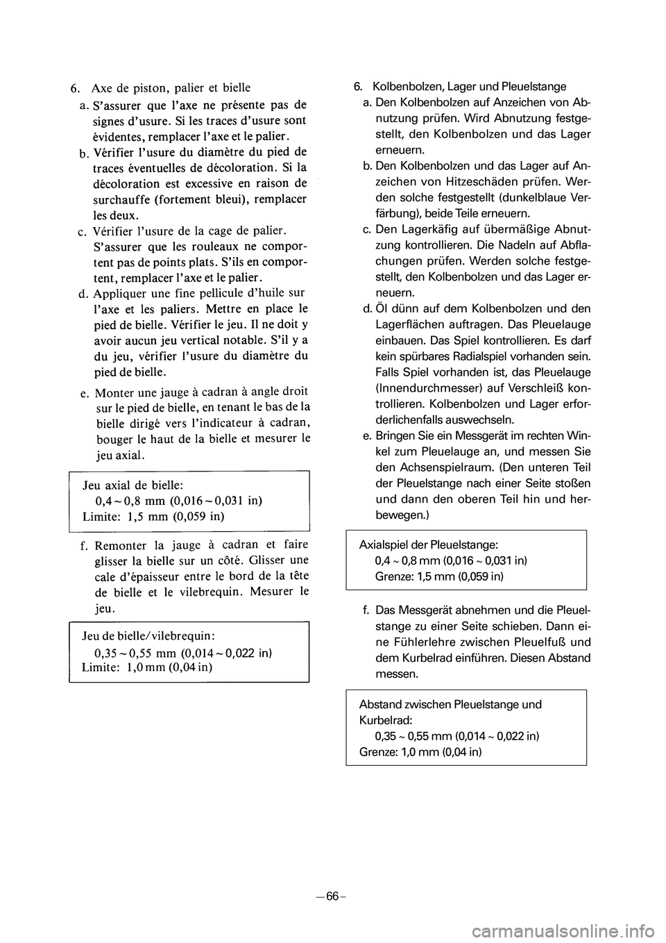 YAMAHA PW50 2006 Manual Online 6. Kolbenbolzen, Lager und Pleuelstange
a. Den Kolbenbolzen auf Anzeichen von Ab-
nutzung prüfen. Wird Abnutzung festge-
stellt, den Kolbenbolzen und das Lager
erneuern.
b. Den Kolbenbolzen und das L