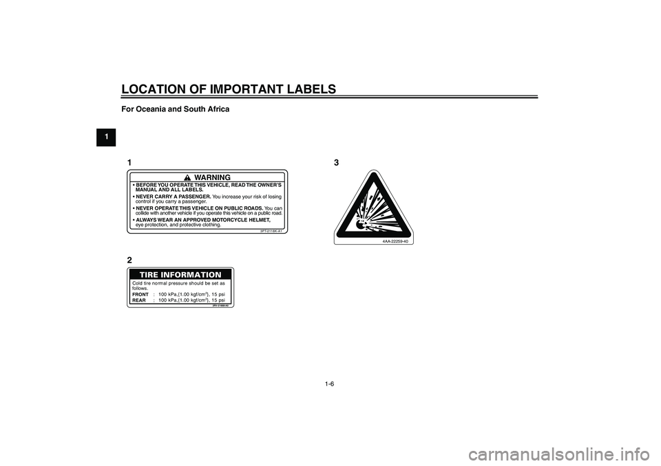 YAMAHA PW80 2011 User Guide LOCATION OF IMPORTANT LABELS
1-6
1For Oceania and South Africa
follows.
FRONT:
: REAR
3RV-21668-A0
Cold tire normal pressure should be set as
100 kPa,{1.00 kgf/cm
2}, 15 psi
100 kPa,{1.00 kgf/cm2}, 15