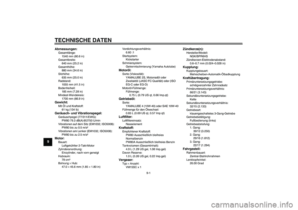 YAMAHA PW80 2011  Betriebsanleitungen (in German) TECHNISCHE DATEN
9-1
9
Abmessungen:Gesamtlänge:
1540 mm (60.6 in)
Gesamtbreite:
640 mm (25.2 in)
Gesamthöhe:
880 mm (34.6 in)
Sitzhöhe:
635 mm (25.0 in)
Radstand:
1055 mm (41.5 in)
Bodenfreiheit:
1