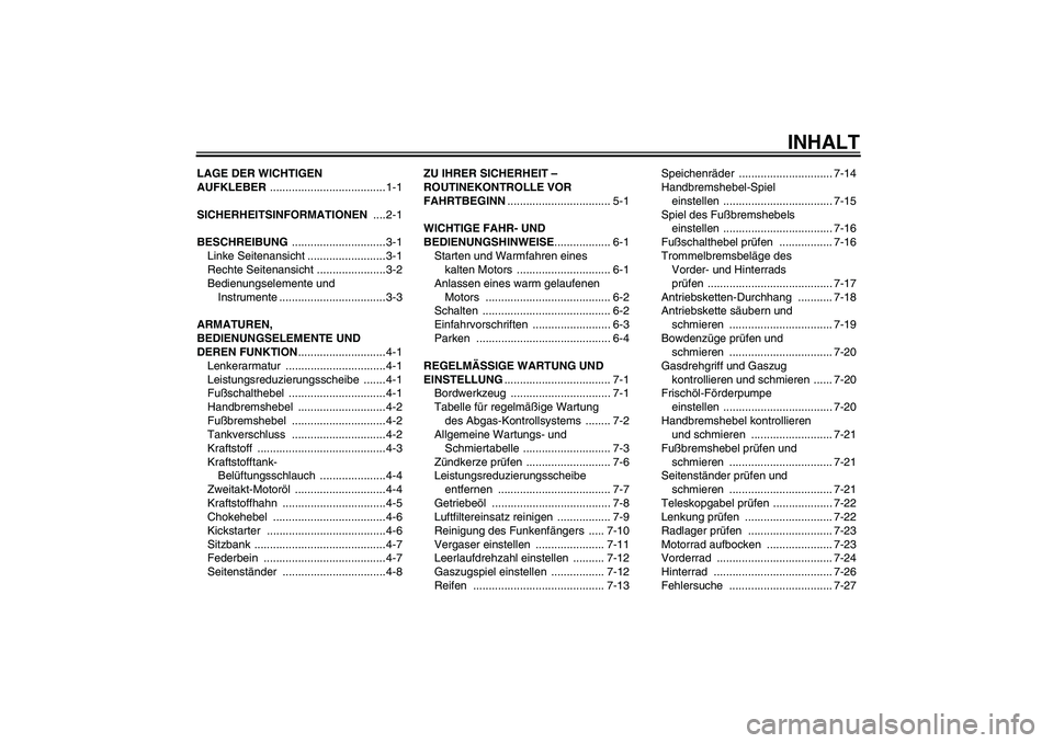 YAMAHA PW80 2011 Betriebsanleitungen (in German) INHALT
LAGE DER WICHTIGEN
AUFKLEBER ..................................... 1-1
SICHERHEITSINFORMATIONEN ....2-1
BESCHREIBUNG .............................. 3-1
Linke Seitenansicht .................... YAMAHA PW80 2011 Betriebsanleitungen (in German) INHALT
LAGE DER WICHTIGEN
AUFKLEBER ..................................... 1-1
SICHERHEITSINFORMATIONEN ....2-1
BESCHREIBUNG .............................. 3-1
Linke Seitenansicht ....................