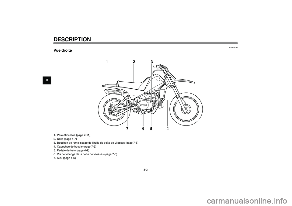 YAMAHA PW80 2011  Notices Demploi (in French) DESCRIPTION
3-2
3
FAU10420
Vue droite
7 12
3
4 5
6
1. Pare-étincelles (page 7-11)
2. Selle (page 4-7)
3. Bouchon de remplissage de l’huile de boîte de vitesses (page 7-8)
4. Capuchon de bougie (pa