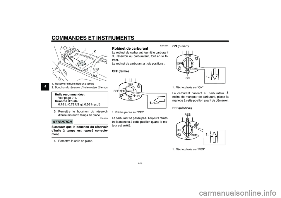 YAMAHA PW80 2011  Notices Demploi (in French) COMMANDES ET INSTRUMENTS
4-5
4
3. Remettre le bouchon du réservoir
d’huile moteur 2 temps en place.ATTENTION
FCA16670
S’assurer que le bouchon du réservoir
d’huile 2 temps est reposé correcte