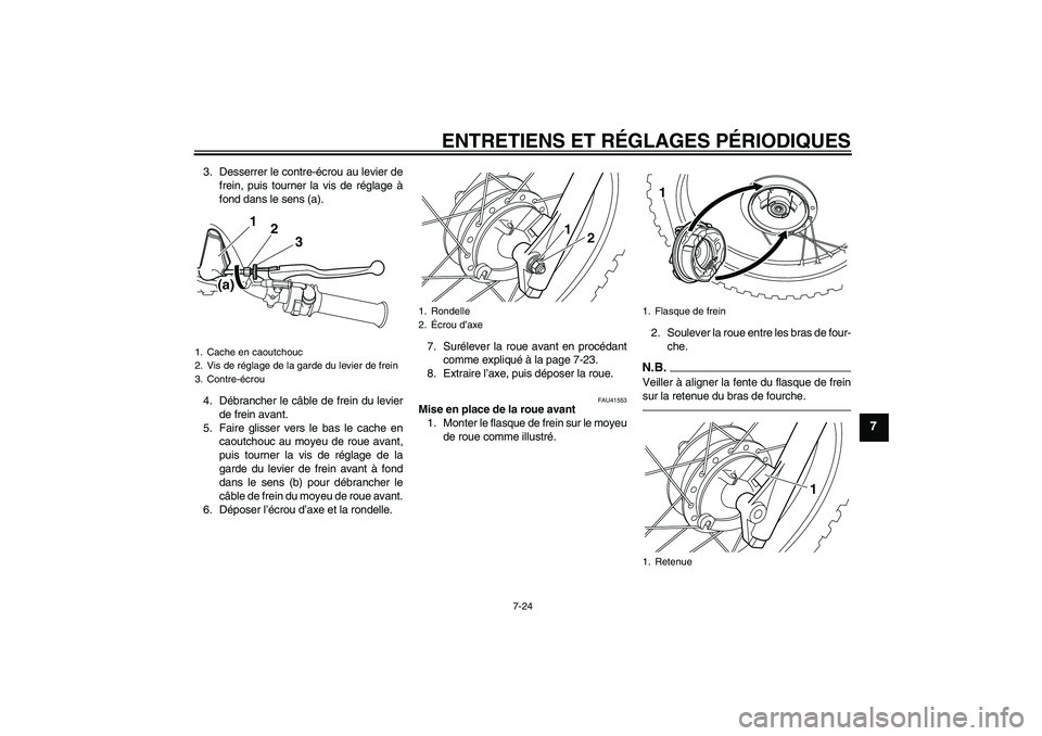 YAMAHA PW80 2011  Notices Demploi (in French) ENTRETIENS ET RÉGLAGES PÉRIODIQUES
7-24
7
3. Desserrer le contre-écrou au levier de
frein, puis tourner la vis de réglage à
fond dans le sens (a).
4. Débrancher le câble de frein du levier
de f