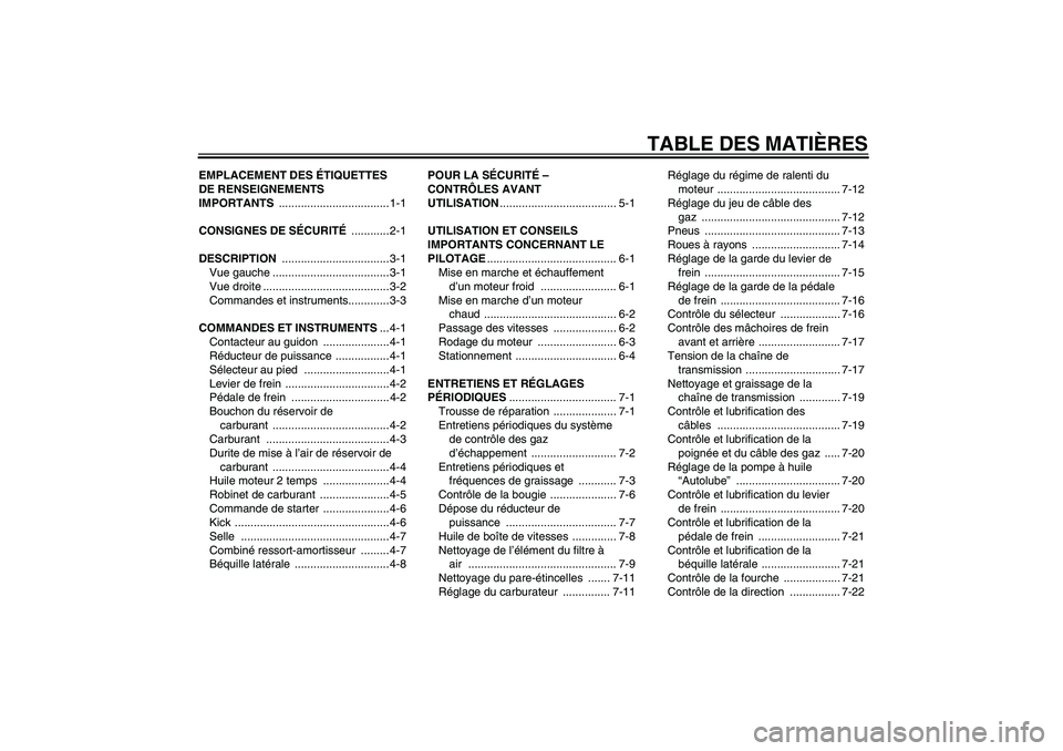 YAMAHA PW80 2011  Notices Demploi (in French) TABLE DES MATIÈRES
EMPLACEMENT DES ÉTIQUETTES 
DE RENSEIGNEMENTS 
IMPORTANTS ................................... 1-1
CONSIGNES DE SÉCURITÉ ............ 2-1
DESCRIPTION ............................