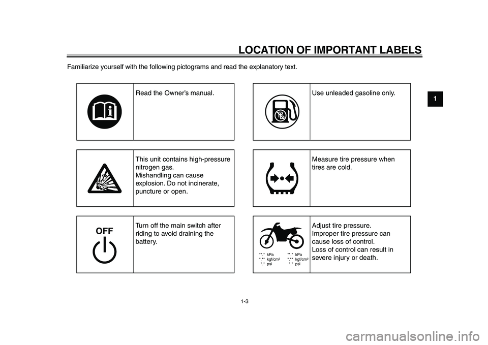 YAMAHA PW80 2010  Owners Manual  
LOCATION OF IMPORTANT LABELS 
1-3 
1
2
3
4
5
6
7
8
9  
Familiarize yourself with the following pictograms and read the explanatory text.
**.* kPa
*.** kgf/cm²
*.* psi**.* kPa
*.** kgf/cm²
*.* psi
