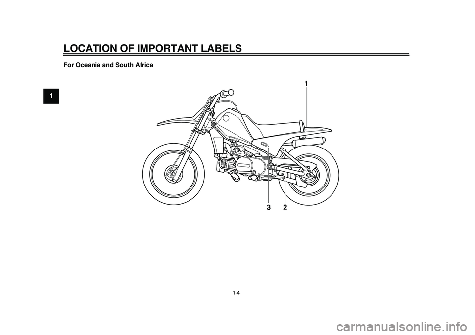 YAMAHA PW80 2010 User Guide
LOCATION OF IMPORTANT LABELS
1-4
1
2
3
4
5
6
7
8
9For Oceania and South Africa
1
32 YAMAHA PW80 2010 User Guide
LOCATION OF IMPORTANT LABELS
1-4
1
2
3
4
5
6
7
8
9For Oceania and South Africa
1
32