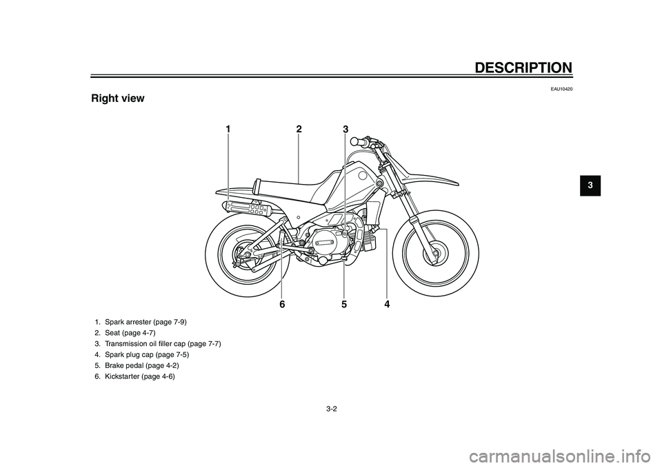 YAMAHA PW80 2010 Owners Manual
DESCRIPTION
3-2
2
34
5
6
7
8
9
EAU10420
Right view
6 12
3
4 5
1. Spark arrester (page 7-9)
2. Seat (page 4-7)
3. Transmission oil filler cap (page 7-7)
4. Spark plug cap (page 7-5)
5. Brake YAMAHA PW80 2010 Owners Manual
DESCRIPTION
3-2
2
34
5
6
7
8
9
EAU10420
Right view
6 12
3
4 5
1. Spark arrester (page 7-9)
2. Seat (page 4-7)
3. Transmission oil filler cap (page 7-7)
4. Spark plug cap (page 7-5)
5. Brake