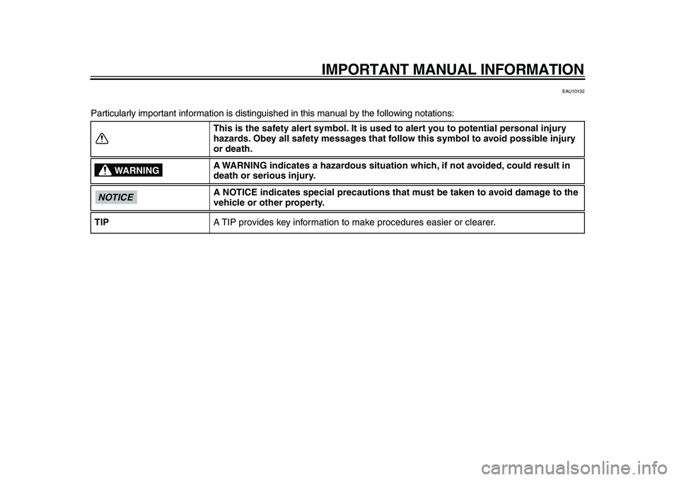 YAMAHA PW80 2010  Owners Manual  
IMPORTANT MANUAL INFORMATION 
EAU10132 
Particularly important information is distinguished in this manual by the following notations: 
This is the safety alert symbol. It is used to alert you to po