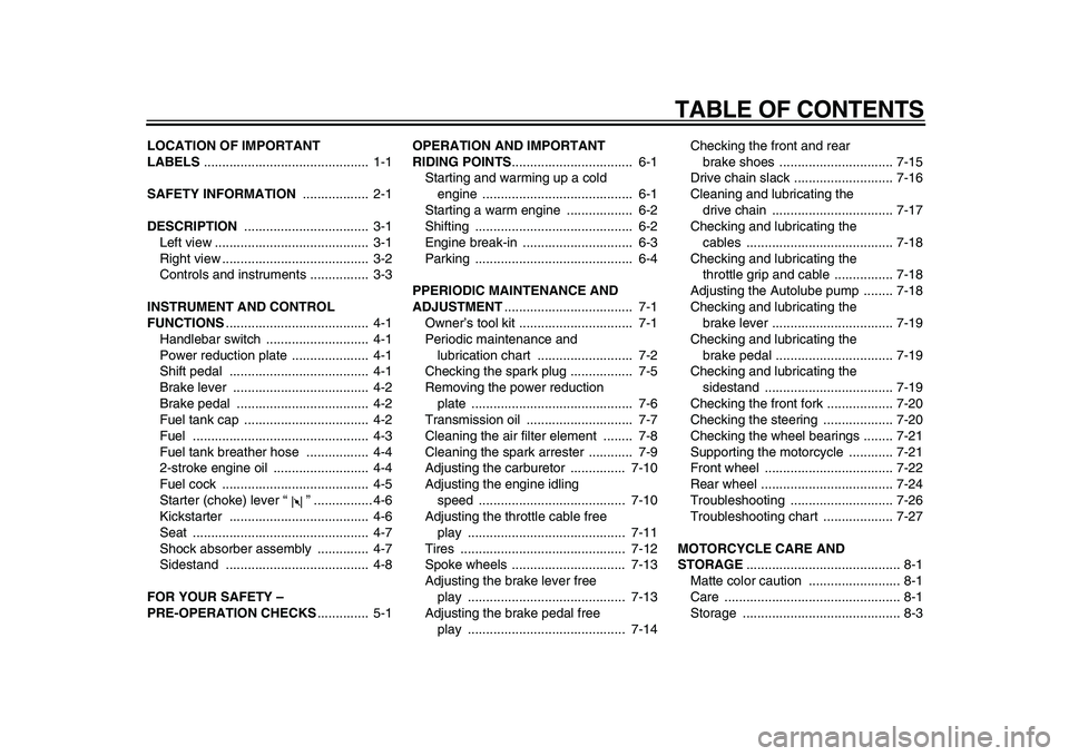 YAMAHA PW80 2010  Owners Manual  
TABLE OF CONTENTS 
LOCATION OF IMPORTANT 
LABELS  
.............................................  1-1 
SAFETY INFORMATION  
..................  2-1 
DESCRIPTION  
.................................. 