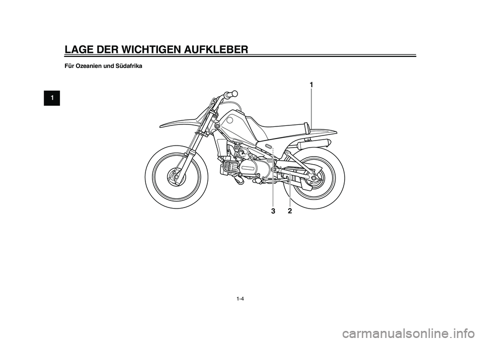 YAMAHA PW80 2010  Betriebsanleitungen (in German)  
LAGE DER WICHTIGEN AUFKLEBER 
1-4 
1
2
3
4
5
6
7
8
9 
Für Ozeanien und Südafrika
1
32 