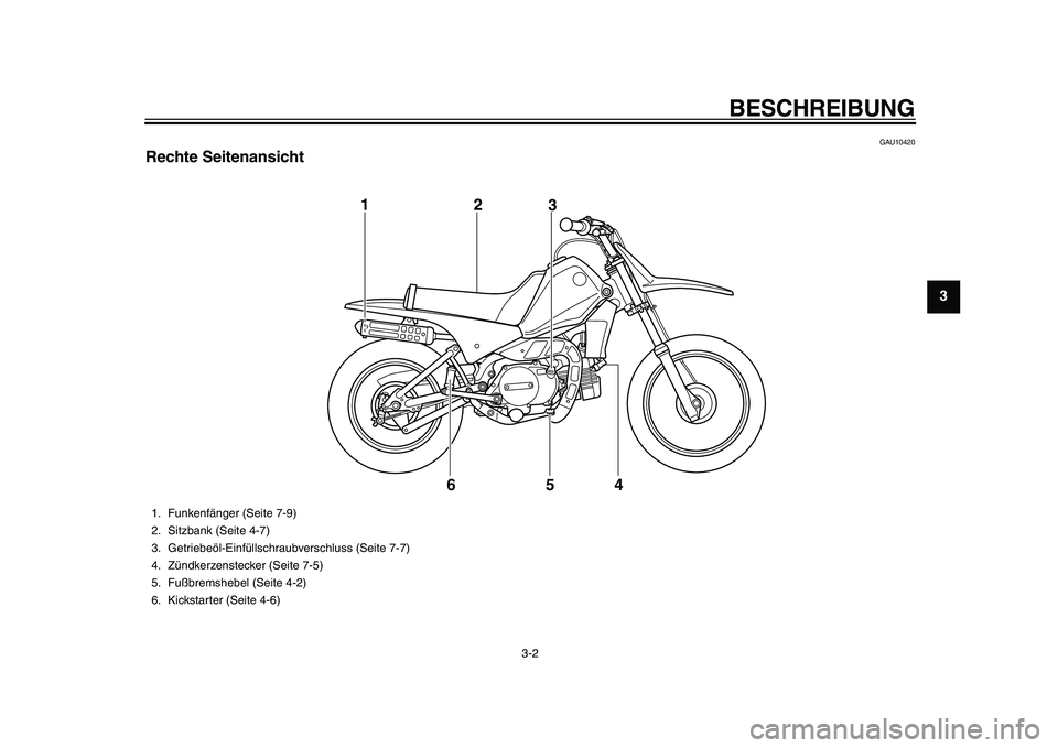 YAMAHA PW80 2010  Betriebsanleitungen (in German)  
BESCHREIBUNG 
3-2 
2
34
5
6
7
8
9
 
GAU10420 
Rechte Seitenansicht
6 12
3
4 5
 
1. Funkenfänger (Seite 7-9)
2. Sitzbank (Seite 4-7)
3. Getriebeöl-Einfüllschraubverschluss (Seite 7-7)
4. Zündkerz