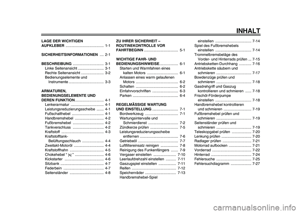 YAMAHA PW80 2010  Betriebsanleitungen (in German)  
INHALT 
LAGE DER WICHTIGEN 
AUFKLEBER  
.....................................  1-1 
SICHERHEITSINFORMATIONEN  
....  2-1 
BESCHREIBUNG  
..............................  3-1
Linke Seitenansicht .....