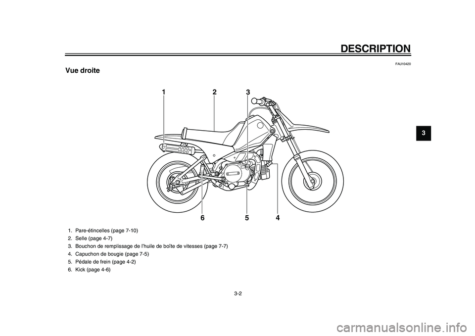 YAMAHA PW80 2010 Notices Demploi (in French)
DESCRIPTION
3-2
2
34
5
6
7
8
9
FAU10420
Vue droite
6 12
3
4 5
1. Pare-étincelles (page 7-10)
2. Selle (page 4-7)
3. Bouchon de remplissage de l’huile de boîte de vitesses (page 7-7)
4. Ca YAMAHA PW80 2010 Notices Demploi (in French)
DESCRIPTION
3-2
2
34
5
6
7
8
9
FAU10420
Vue droite
6 12
3
4 5
1. Pare-étincelles (page 7-10)
2. Selle (page 4-7)
3. Bouchon de remplissage de l’huile de boîte de vitesses (page 7-7)
4. Ca