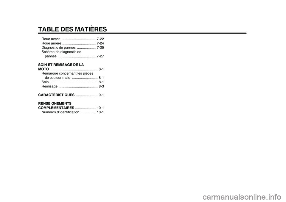 YAMAHA PW80 2010 Notices Demploi (in French)
TABLE DES MATIÈRES
Roue avant ................................... 7-22
Roue arrière .................................. 7-24
Diagnostic de pannes ................... 7-25
Schéma de diagnostic d YAMAHA PW80 2010 Notices Demploi (in French)
TABLE DES MATIÈRES
Roue avant ................................... 7-22
Roue arrière .................................. 7-24
Diagnostic de pannes ................... 7-25
Schéma de diagnostic d