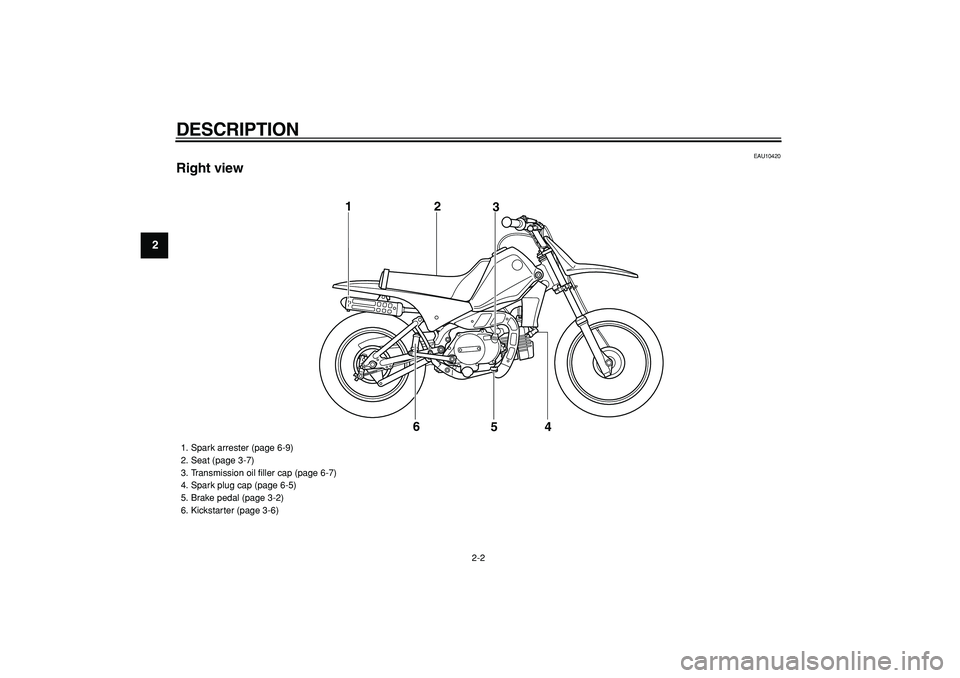 YAMAHA PW80 2009 User Guide  
DESCRIPTION 
2-2 
1
2
3
4
5
6
7
8
9
 
EAU10420 
Right view
6 12
3
4 5
 
1.  Spark arrester (page 6-9)
2.  Seat (page 3-7)
3.  Transmission oil ﬁller cap (page 6-7)
4.  Spark plug cap (page 6-5)
5.