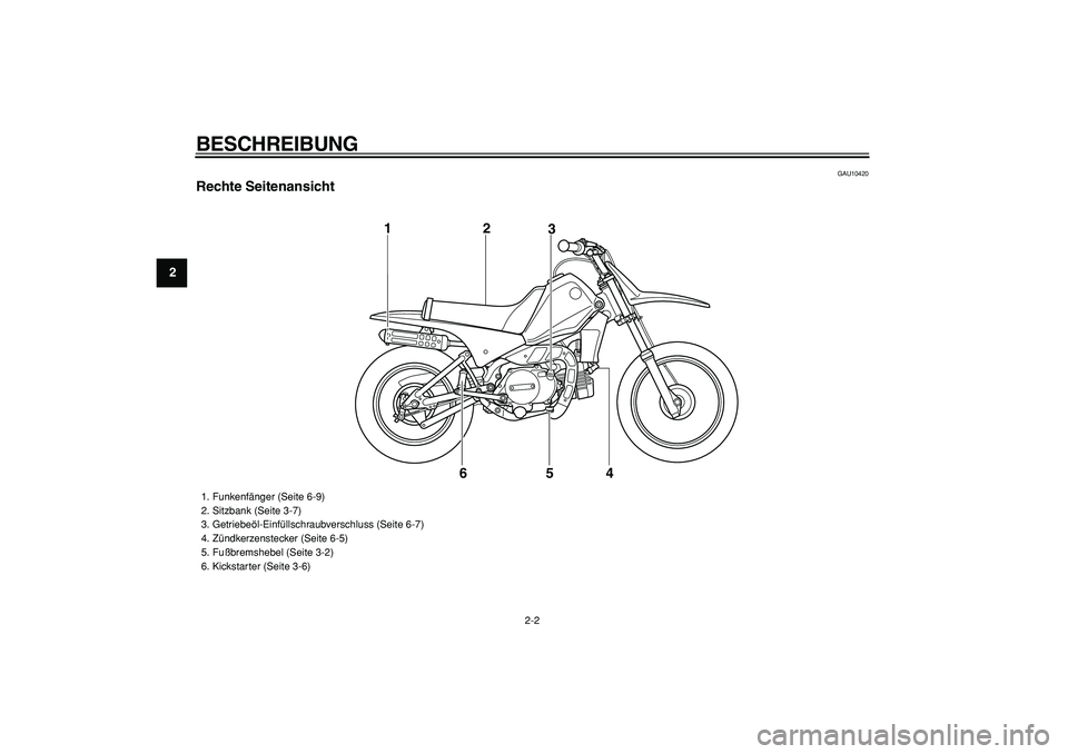 YAMAHA PW80 2009  Betriebsanleitungen (in German)  
BESCHREIBUNG 
2-2 
1
2
3
4
5
6
7
8
9
 
GAU10420 
Rechte Seitenansicht
6 12
3
4 5
 
1.  Funkenfänger (Seite 6-9)
2.  Sitzbank (Seite 3-7)
3.  Getriebeöl-Einfüllschraubverschluss (Seite 6-7)
4.  Z