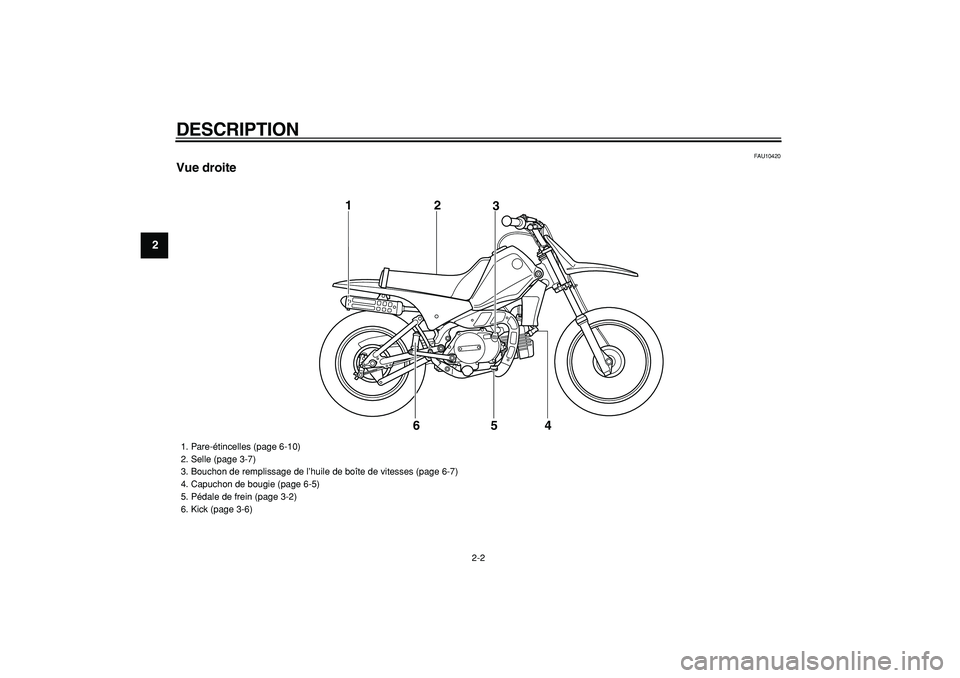 YAMAHA PW80 2009  Notices Demploi (in French)  
DESCRIPTION 
2-2 
1
2
3
4
5
6
7
8
9
 
FAU10420 
Vue droite
6 12
3
4 5
 
1.  Pare-étincelles (page 6-10)
2.  Selle (page 3-7)
3.  Bouchon de remplissage de l’huile de boîte de vitesses (page 6-7)