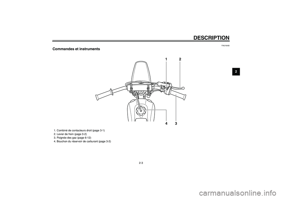 YAMAHA PW80 2009  Notices Demploi (in French)  
DESCRIPTION 
2-3 
2
3
4
5
6
7
8
9
 
FAU10430 
Commandes et instruments
12
43
 
1.  Combiné de contacteurs droit (page 3-1)
2.  Levier de frein (page 3-2)
3.  Poignée des gaz (page 6-12)
4.  Boucho