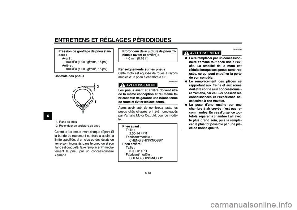 YAMAHA PW80 2009 Notices Demploi (in French)
ENTRETIENS ET RÉGLAGES PÉRIODIQUES
6-13
1
2
3
4
5
6
7
8
9
Contrôle des pneus
Contrôler les pneus avant chaque départ. Si
la bande de roulement centrale a atteint la
limite spécifiée, si YAMAHA PW80 2009 Notices Demploi (in French)
ENTRETIENS ET RÉGLAGES PÉRIODIQUES
6-13
1
2
3
4
5
6
7
8
9
Contrôle des pneus
Contrôler les pneus avant chaque départ. Si
la bande de roulement centrale a atteint la
limite spécifiée, si