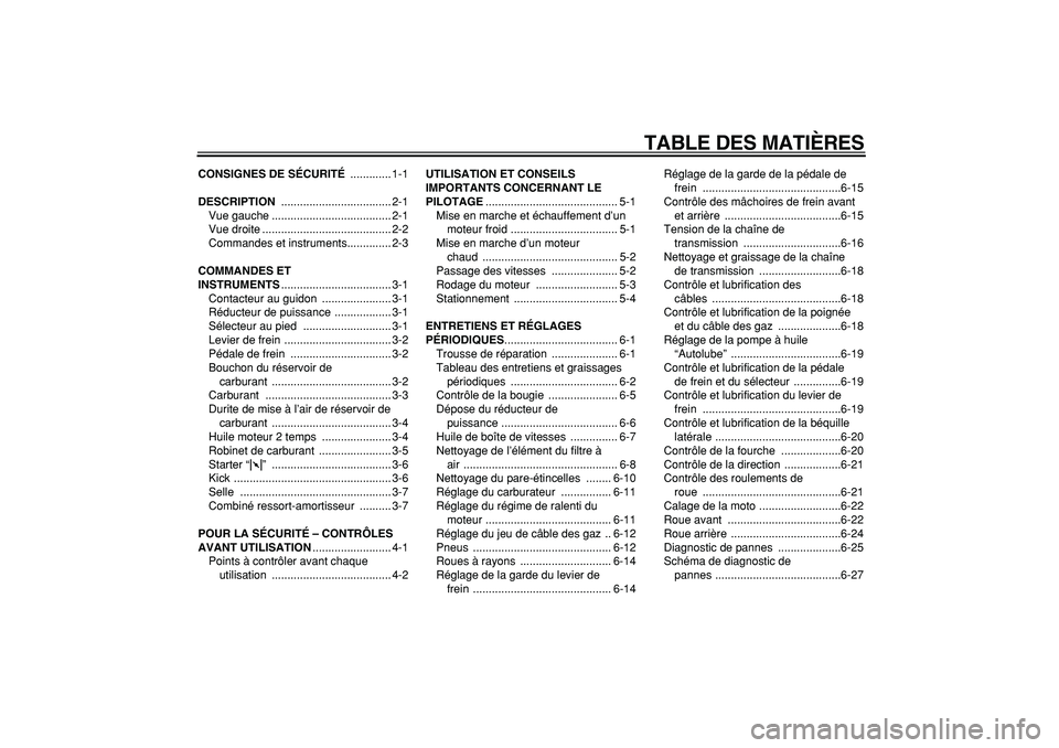 YAMAHA PW80 2009 Notices Demploi (in French)
TABLE DES MATIÈRES
CONSIGNES DE SÉCURITÉ
............. 1-1
DESCRIPTION
................................... 2-1
Vue gauche ...................................... 2-1
Vue droite ............. YAMAHA PW80 2009 Notices Demploi (in French)
TABLE DES MATIÈRES
CONSIGNES DE SÉCURITÉ
............. 1-1
DESCRIPTION
................................... 2-1
Vue gauche ...................................... 2-1
Vue droite .............