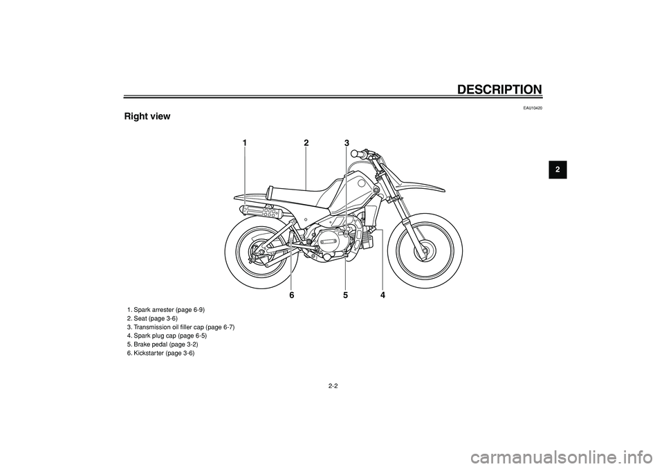 YAMAHA PW80 2008  Owners Manual  
DESCRIPTION 
2-2 
2
3
4
5
6
7
8
9
 
EAU10420 
Right view6 12
3
4 5
 
1. Spark arrester (page 6-9)
2. Seat (page 3-6)
3. Transmission oil ﬁller cap (page 6-7)
4. Spark plug cap (page 6-5)
5. Brake 