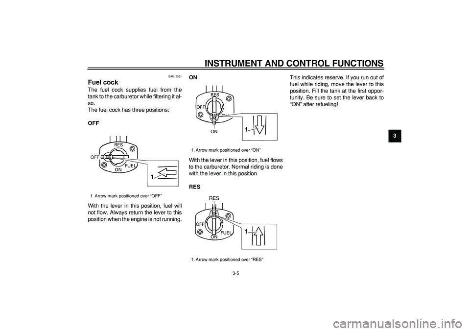 YAMAHA PW80 2008 Owners Manual  
INSTRUMENT AND CONTROL FUNCTIONS 
3-5 
2
34
5
6
7
8
9
 
EAU13561 
Fuel cock  
The fuel cock supplies fuel from the
tank to the carburetor while filtering it al-
so.
The fuel cock has three positions