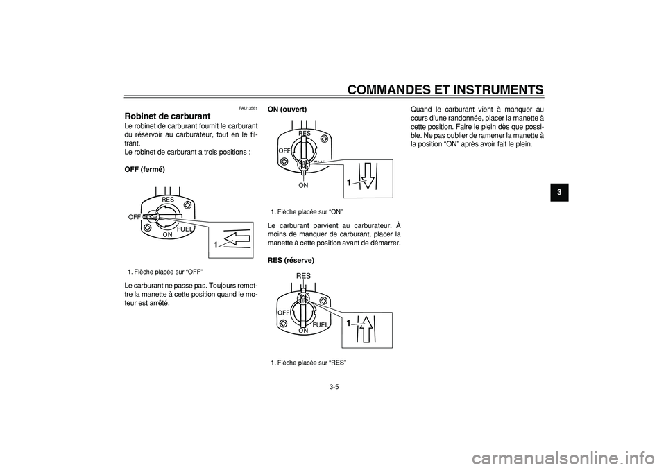 YAMAHA PW80 2008  Notices Demploi (in French)  
COMMANDES ET INSTRUMENTS 
3-5 
2
34
5
6
7
8
9
 
FAU13561 
Robinet de carburant  
Le robinet de carburant fournit le carburant
du réservoir au carburateur, tout en le fil-
trant.
Le robinet de carbu