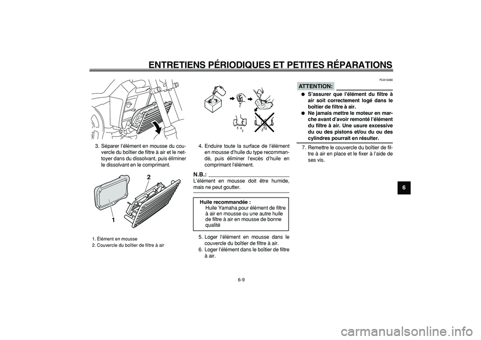 YAMAHA PW80 2008  Notices Demploi (in French)  
ENTRETIENS PÉRIODIQUES ET PETITES RÉPARATIONS 
6-9 
2
3
4
5
67
8
9
 
3. Séparer l’élément en mousse du cou-
vercle du boîtier de filtre à air et le net-
toyer dans du dissolvant, puis élim