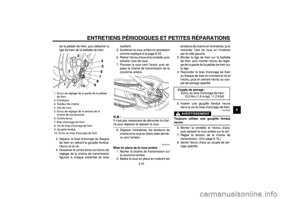 YAMAHA PW80 2008  Notices Demploi (in French)  
ENTRETIENS PÉRIODIQUES ET PETITES RÉPARATIONS 
6-25 
2
3
4
5
67
8
9
 
de la pédale de frein, puis détacher la
tige de frein de la biellette de frein.
3. Séparer le bras d’ancrage du flasque
d