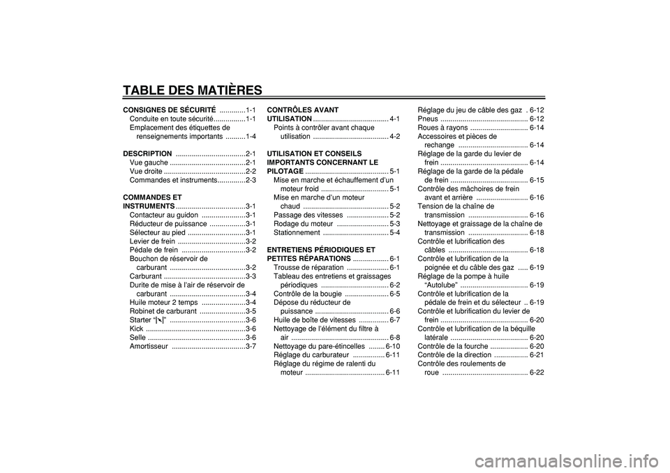 YAMAHA PW80 2008  Notices Demploi (in French)  
TABLE DES MATIÈRES 
CONSIGNES DE SÉCURITÉ 
 .............1-1
Conduite en toute sécurité................1-1
Emplacement des étiquettes de 
renseignements importants  ..........1-4 
DESCRIPTION 