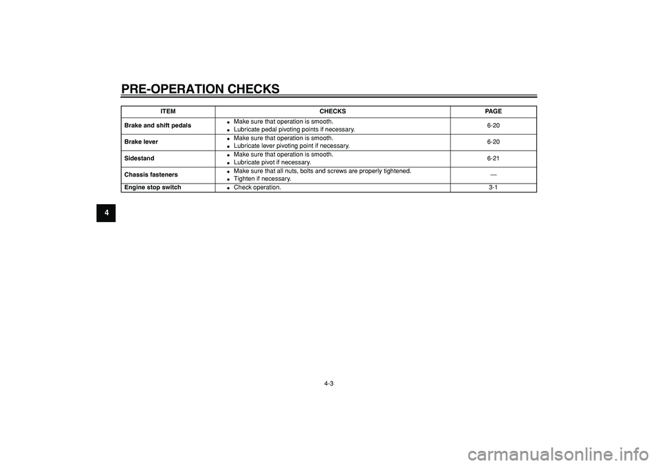 YAMAHA PW80 2007 Owners Manual  
PRE-OPERATION CHECKS 
4-3 
1
2
3
4
5
6
7
8
9
 
Brake and shift pedals 
 
Make sure that operation is smooth. 
 
Lubricate pedal pivoting points if necessary.6-20  
Brake lever 
 
Make sure that o