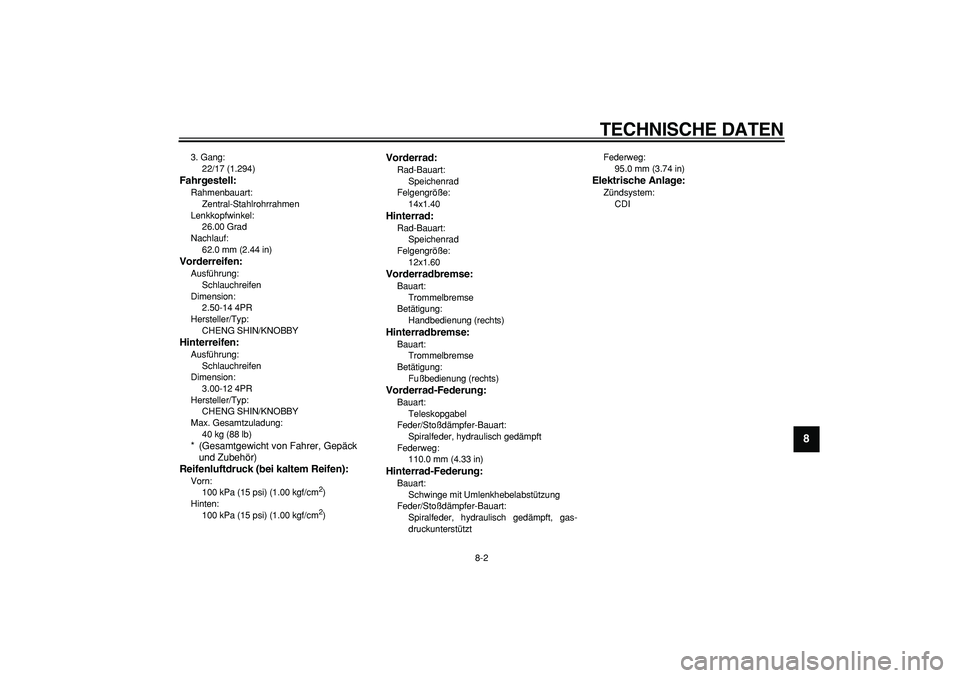 YAMAHA PW80 2007 Betriebsanleitungen (in German)
TECHNISCHE DATEN
8-2
2
3
4
5
6
7
89
3. Gang:
22/17 (1.294)
Fahrgestell:
Rahmenbauart:
Zentral-Stahlrohrrahmen
Lenkkopfwinkel:
26.00 Grad
Nachlauf:
62.0 mm (2.44 in)
Vorderreifen:
Ausfüh YAMAHA PW80 2007 Betriebsanleitungen (in German)
TECHNISCHE DATEN
8-2
2
3
4
5
6
7
89
3. Gang:
22/17 (1.294)
Fahrgestell:
Rahmenbauart:
Zentral-Stahlrohrrahmen
Lenkkopfwinkel:
26.00 Grad
Nachlauf:
62.0 mm (2.44 in)
Vorderreifen:
Ausfüh