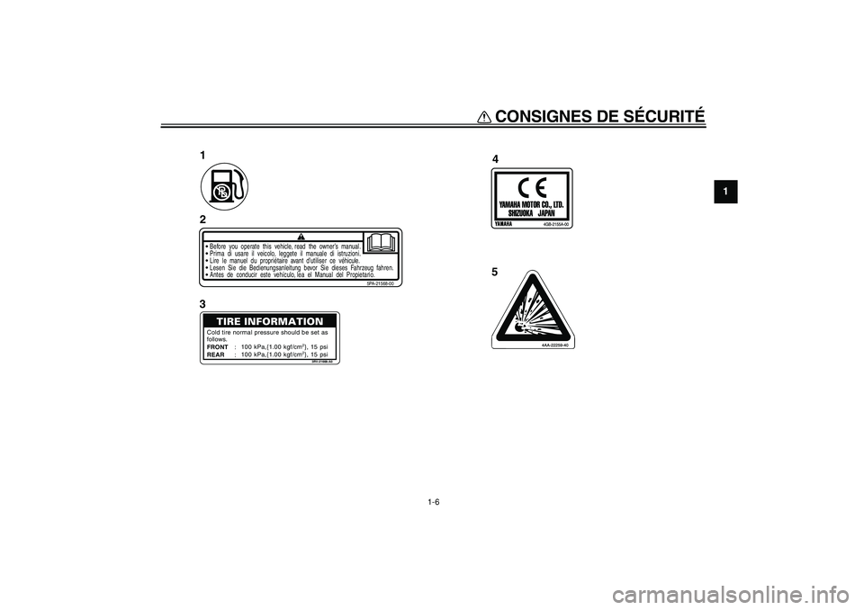 YAMAHA PW80 2007  Notices Demploi (in French)  
CONSIGNES DE SÉCURITÉ 
1-6 
1
Before  you  operate  this  vehicle, read  the  owner’s  manual.
5PA-21568-00
Prima  di  usare  il  veicolo,  leggete  il  manuale  di  istruzioni.Lire  le  manuel 