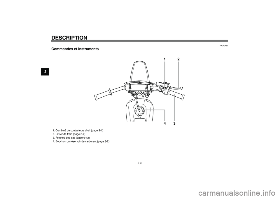 YAMAHA PW80 2007  Notices Demploi (in French)  
DESCRIPTION 
2-3 
1
2
3
4
5
6
7
8
9
 
FAU10430 
Commandes et instruments
12
43
 
1. Combiné de contacteurs droit (page 3-1)
2. Levier de frein (page 3-2)
3. Poignée des gaz (page 6-12)
4. Bouchon 