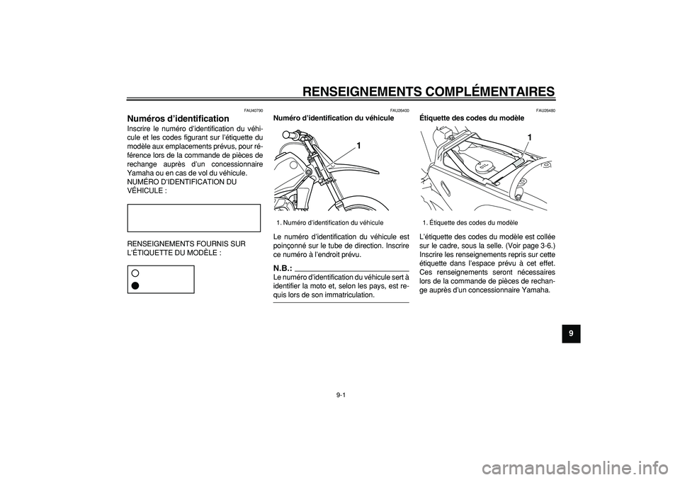 YAMAHA PW80 2007 Notices Demploi (in French)
9-1
2
3
4
5
6
7
8
9
RENSEIGNEMENTS COMPLÉMENTAIRES
FAU40790
Numéros d’identification
Inscrire le numéro d’identification du véhi-
cule et les codes figurant sur l’étiquette du
mod YAMAHA PW80 2007 Notices Demploi (in French)
9-1
2
3
4
5
6
7
8
9
RENSEIGNEMENTS COMPLÉMENTAIRES
FAU40790
Numéros d’identification
Inscrire le numéro d’identification du véhi-
cule et les codes figurant sur l’étiquette du
mod