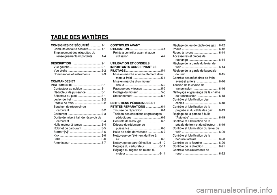 YAMAHA PW80 2007  Notices Demploi (in French)  
TABLE DES MATIÈRES 
CONSIGNES DE SÉCURITÉ 
 .............1-1
Conduite en toute sécurité................1-1
Emplacement des étiquettes de 
renseignements importants  ..........1-4 
DESCRIPTION 