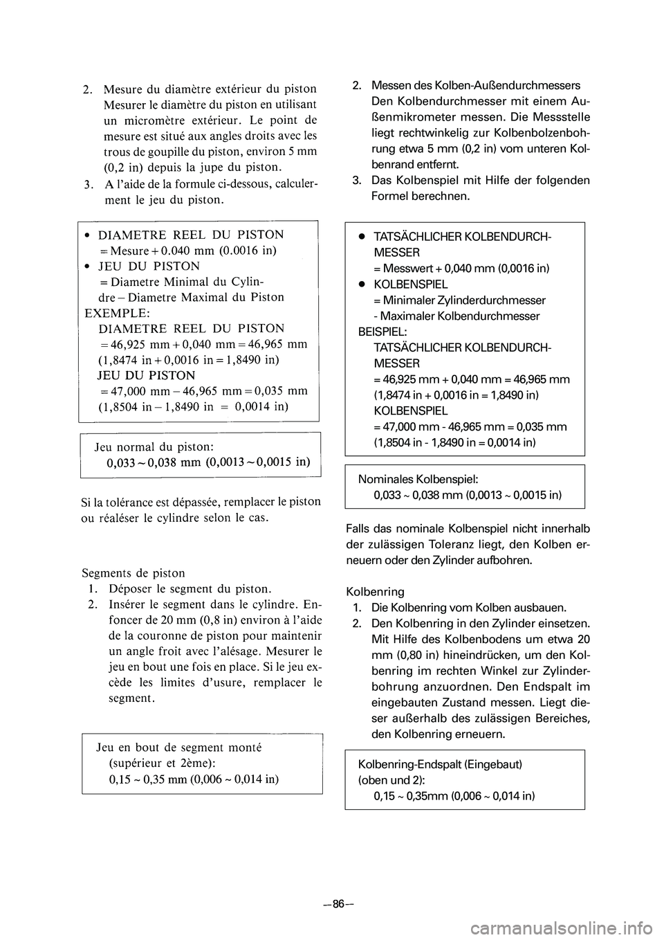 YAMAHA PW80 2006  Betriebsanleitungen (in German) 2. Messen des Kolben-Außendurchmessers
Den Kolbendurchmesser mit einem Au-
ßenmikrometer messen. Die Messstelle
liegt rechtwinkelig zur Kolbenbolzenboh-
rung etwa 5 mm (0,2 in) vom unteren Kol-
benr