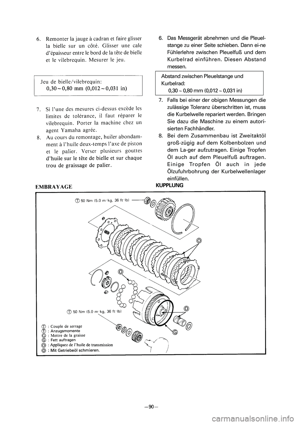 YAMAHA PW80 2006 Owners Manual 6. Das Messgerät abnehmen und die Pleuel-
stange zu einer Seite schieben. Dann ei-ne
Fühlerlehre zwischen Pleuelfuß und dem
Kurbelrad einführen. Diesen Abstand
messen.
7. Falls bei einer der obige YAMAHA PW80 2006 Owners Manual 6. Das Messgerät abnehmen und die Pleuel-
stange zu einer Seite schieben. Dann ei-ne
Fühlerlehre zwischen Pleuelfuß und dem
Kurbelrad einführen. Diesen Abstand
messen.
7. Falls bei einer der obige