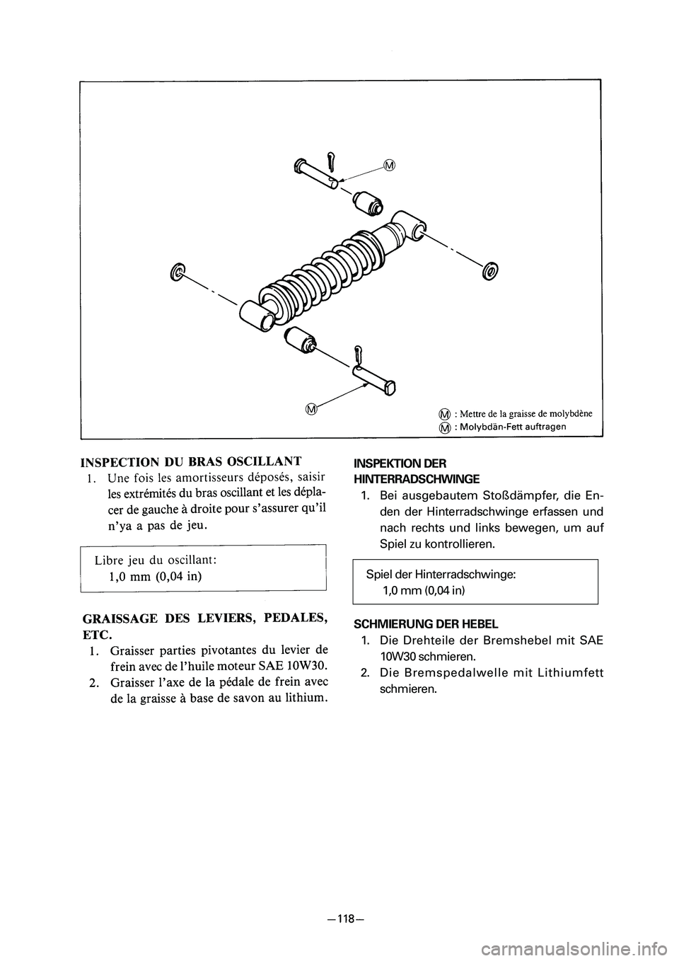 YAMAHA PW80 2006  Betriebsanleitungen (in German) INSPEKTION DER 
HINTERRADSCHWINGE
1. Bei ausgebautem Stoßdämpfer, die En-
den der Hinterradschwinge erfassen und
nach rechts und links bewegen, um auf
Spiel zu kontrollieren.
SCHMIERUNG DER HEBEL
1.