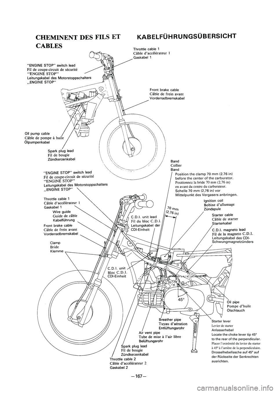 YAMAHA PW80 2006  Betriebsanleitungen (in German) Starter lever
Levier de starter
Anlasserhebel
Locate the choke lever tip 45°
to the rear of the perpendicular.
Placer l’extrémité du levier du starter 
à 45º à l’arrière de la perpendiculai