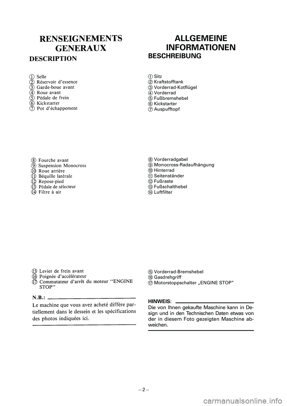 YAMAHA PW80 2006 Owners Manual ALLGEMEINE
INFORMATIONEN
BESCHREIBUNG
1Sitz
2Kraftstofftank
3Vorderrad-Kotflügel
4Vorderrad
5Fußbremshebel
6Kickstarter
7Auspufftopf
8Vorderradgabel
9Monocross-Radaufhängung
0Hinterrad
qSeitenstän YAMAHA PW80 2006 Owners Manual ALLGEMEINE
INFORMATIONEN
BESCHREIBUNG
1Sitz
2Kraftstofftank
3Vorderrad-Kotflügel
4Vorderrad
5Fußbremshebel
6Kickstarter
7Auspufftopf
8Vorderradgabel
9Monocross-Radaufhängung
0Hinterrad
qSeitenstän