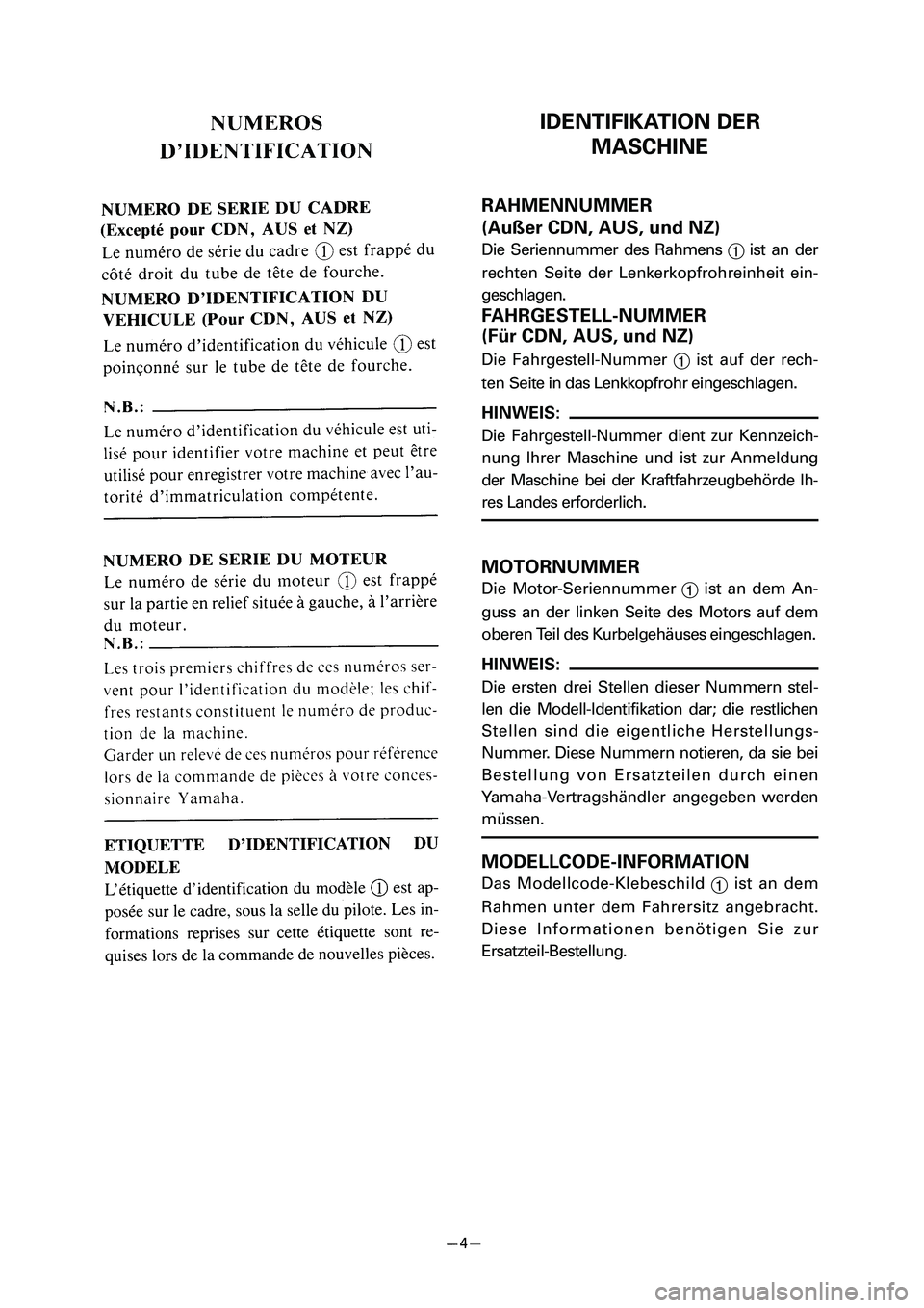 YAMAHA PW80 2006  Betriebsanleitungen (in German) IDENTIFIKATION DER
MASCHINE
RAHMENNUMMER
(Außer CDN, AUS, und NZ)
Die Seriennummer des Rahmens 
1ist an der
rechten Seite der Lenkerkopfrohreinheit ein-
geschlagen.
FAHRGESTELL-NUMMER
(Für CDN, AUS,