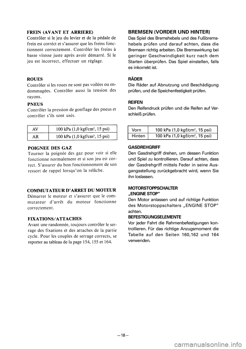 YAMAHA PW80 2006 Owners Manual BREMSEN (VORDER UND HINTER)
Das Spiel des Bremshebels und des Fußbrems-
hebels prüfen und darauf achten, dass die
Bremsen richtig arbeiten. Die Bremswirkung bei
geringer Geschwindigkeit kurz nach de YAMAHA PW80 2006 Owners Manual BREMSEN (VORDER UND HINTER)
Das Spiel des Bremshebels und des Fußbrems-
hebels prüfen und darauf achten, dass die
Bremsen richtig arbeiten. Die Bremswirkung bei
geringer Geschwindigkeit kurz nach de