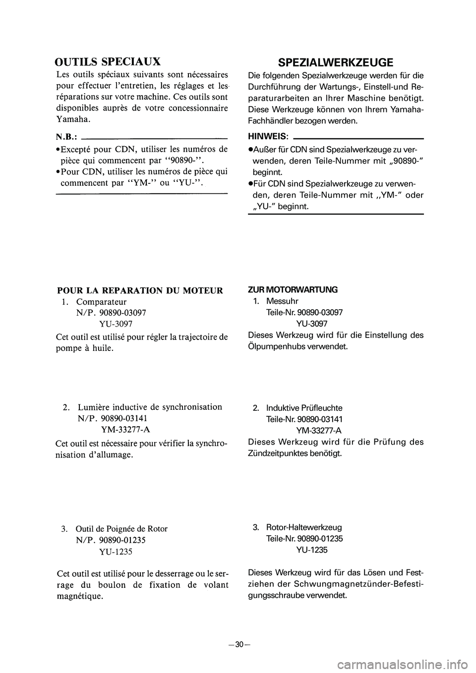 YAMAHA PW80 2006 Workshop Manual SPEZIALWERKZEUGE
Die folgenden Spezialwerkzeuge werden für die
Durchführung der Wartungs-, Einstell-und Re-
paraturarbeiten an Ihrer Maschine benötigt.
Diese Werkzeuge können von Ihrem Yamaha-
Fac