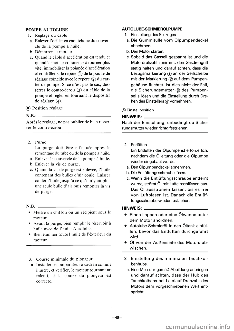 YAMAHA PW80 2006 Repair Manual AUTOLUBE-SCHMIERÖLPUMPE
1. Einstellung des Seilzuges
a. Die Gummitülle vom Ölpumpendeckel
abnehmen.
b. Den Motor starten.
c. Sobald das Gasseil gespannt ist und die
Motordrehzahl zunimmt, den Gasdr