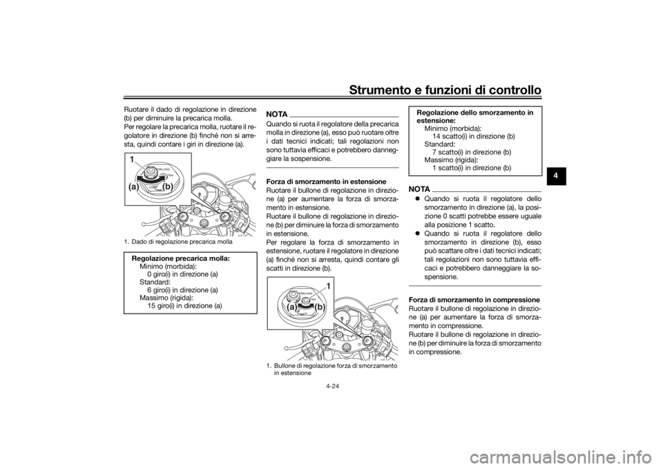 YAMAHA R6 RACE 2022  Manuale duso (in Italian) Strumento e funzioni di controllo
4-24
4
Ruotare il dado di regolazione in direzione
(b) per diminuire la precarica molla.
Per regolare la precarica molla, ruotare il re-
golatore in direzione (b) fin