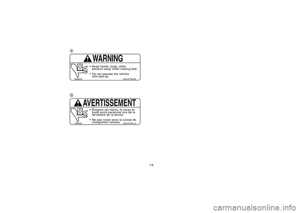 YAMAHA RHINO 660 2007 Owners Guide 1-6
9
0
WARNING
YAMAHA 5UG-K7764-00
Keep hands, body, other
persons away when closing bed.
Do not operate the vehicle
with bed up.
AVERTISSEMENT
YAMAHA 5UG-K7764-10
Éloigner les mains, le corps et 
t